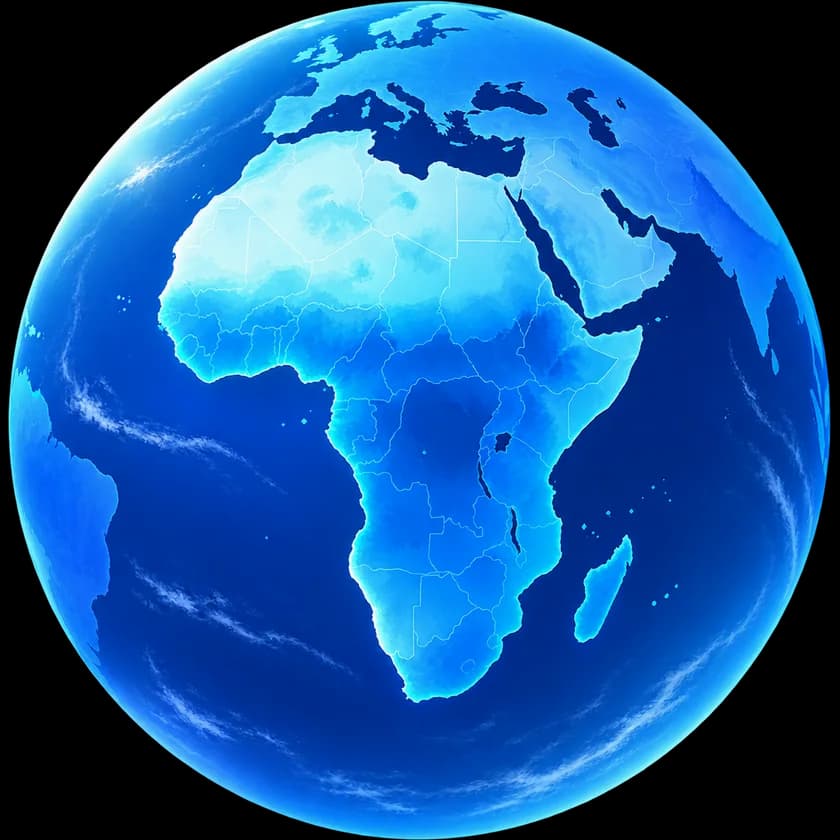 Globe terrestre centré sur l'Afrique, en tons bleus.